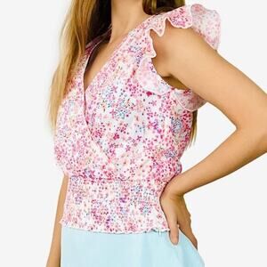 1. State Flutter Sleeve Top Size XS Pink Floral Cotton Girlcore Boho Chic Summer